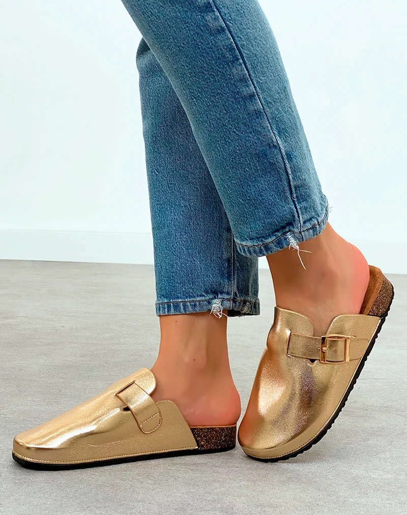 Mules Sabots Femme Dorées avec Boucle – Éclat Tendance pour Un Look Lumineux