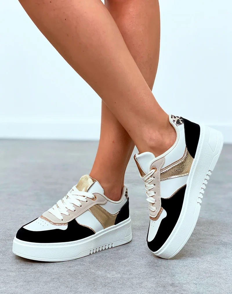 Baskets femme bi-couleurs noires à empiècements et détail léopard