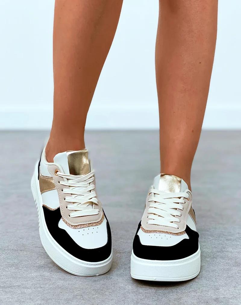Baskets femme bi-couleurs noires à empiècements et détail léopard