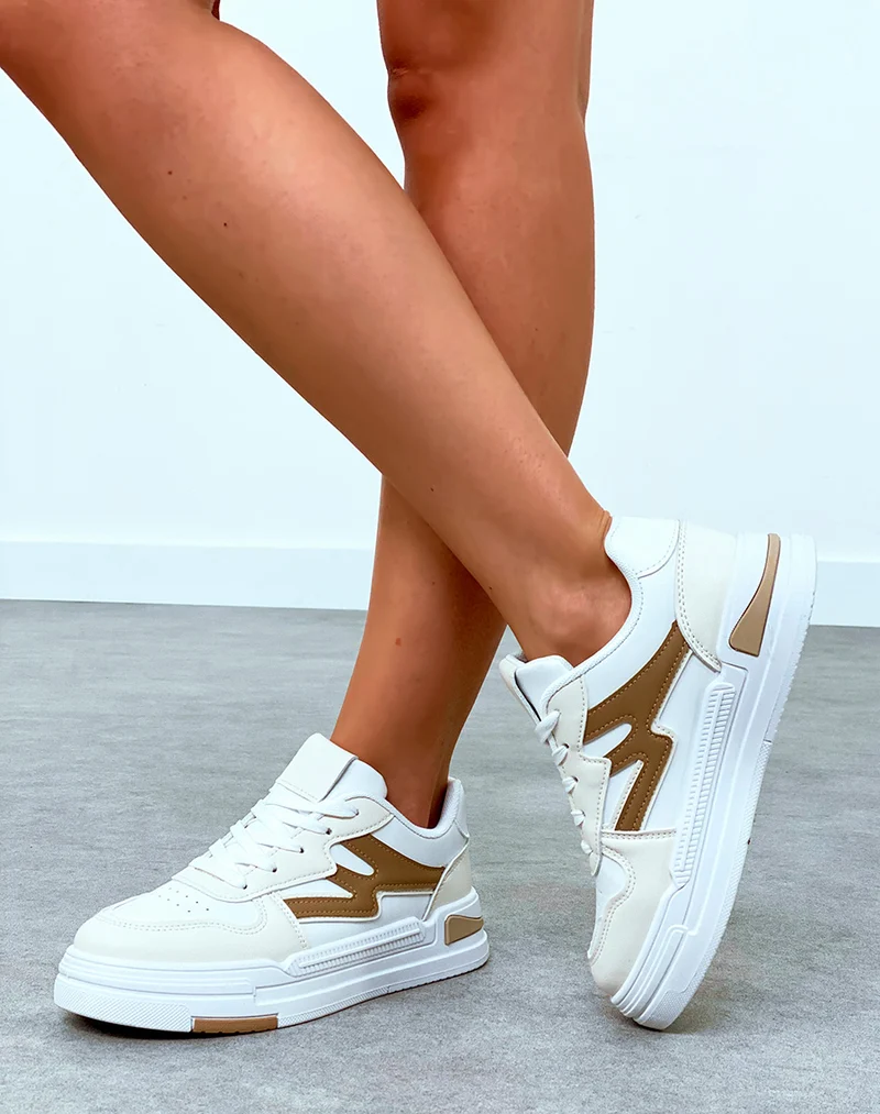 Baskets femme bi-couleurs beige foncé et blanche à lacets