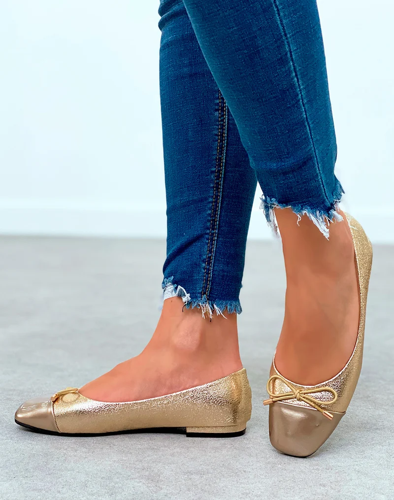 Ballerines dorées pour femmes à bout rose gold et à détail nœud
