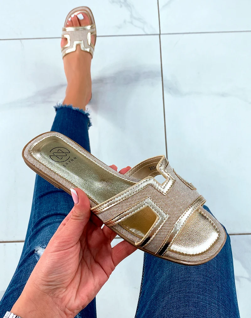 MULES DORÉES BI-MATIÈRE ET FORME EN H