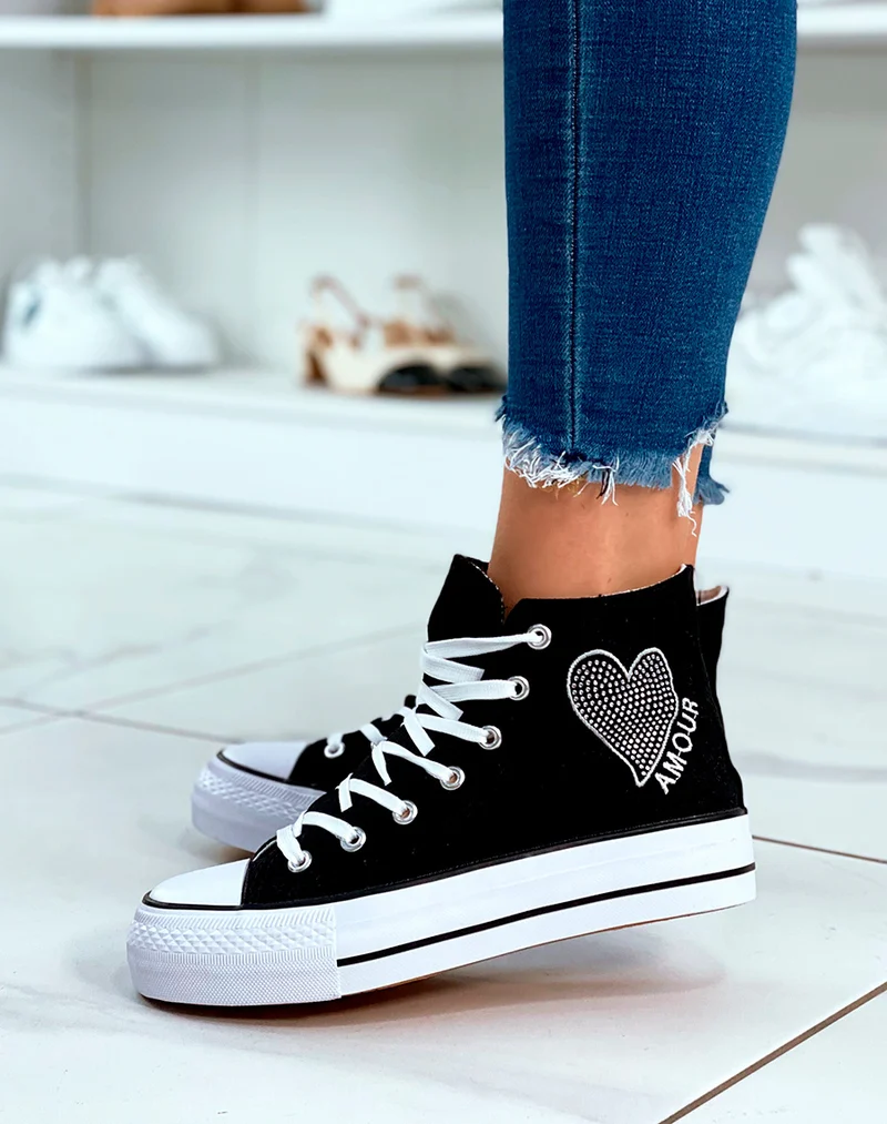 Baskets montantes noires à lacets avec détail strass et inscription