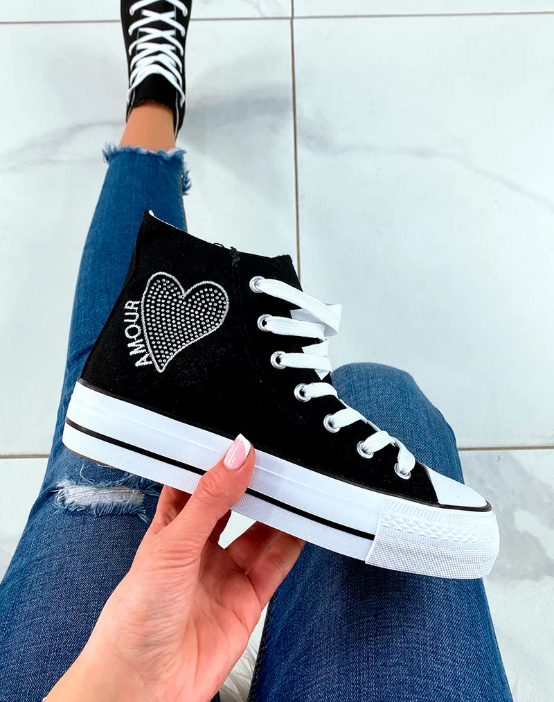 Baskets montantes noires à lacets avec détail strass et inscription