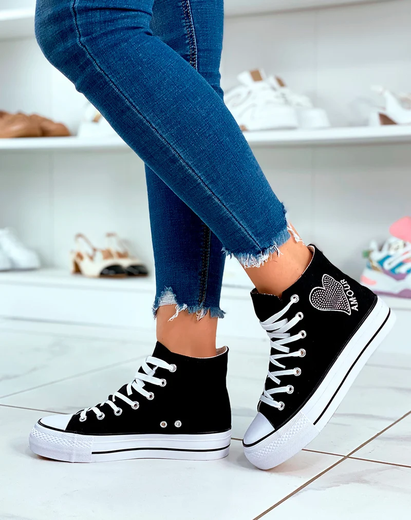 Baskets montantes noires à lacets avec détail strass et inscription
