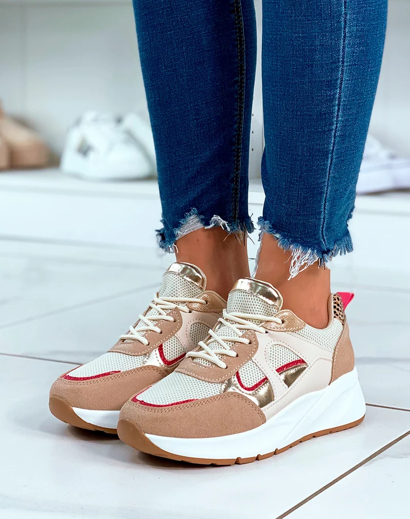 Baskets beige à lacets avec détails paillettes et empiècements beige