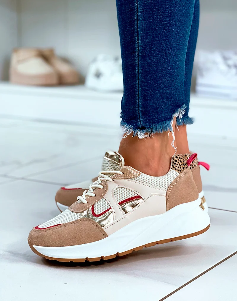 Baskets beige à lacets avec détails paillettes et empiècements beige