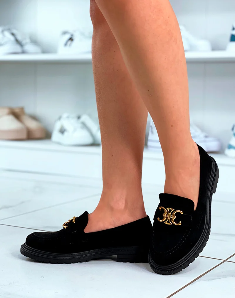 Mocassins noirs en suédine et à détail doré pour femme