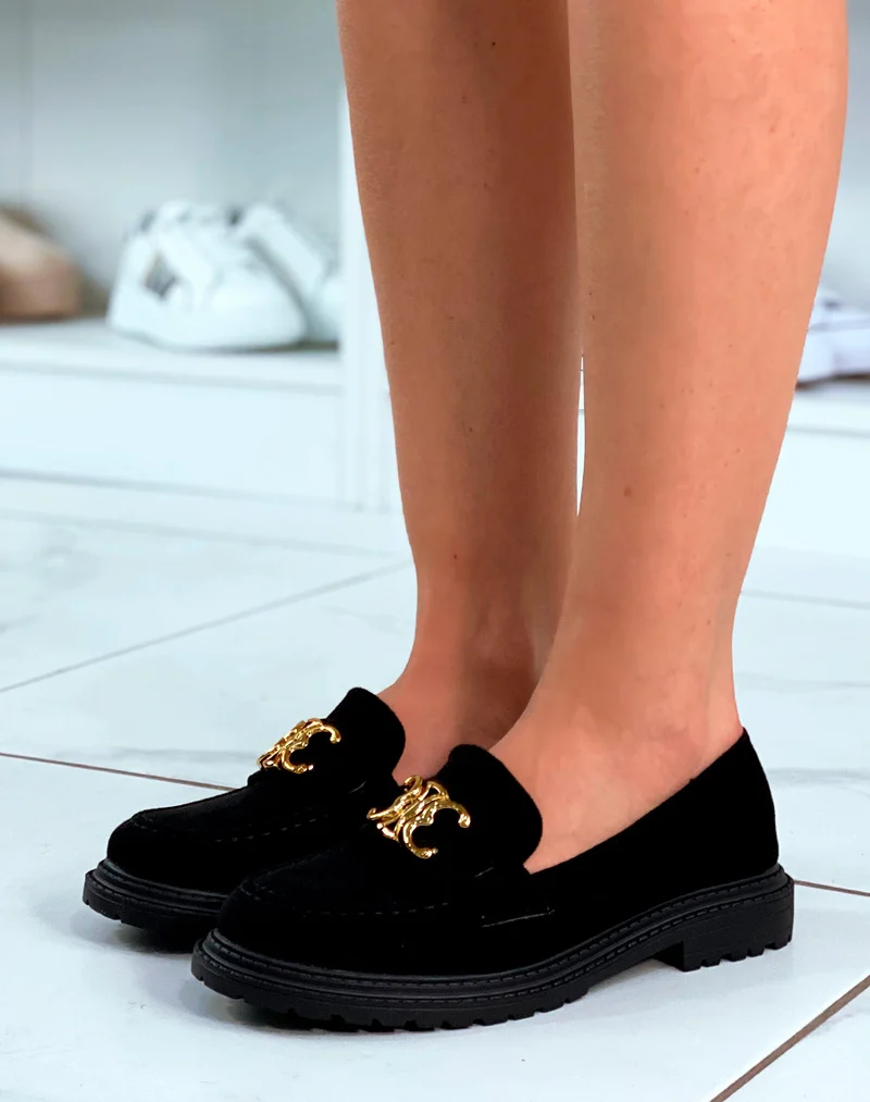 Mocassins noirs en suédine et à détail doré pour femme