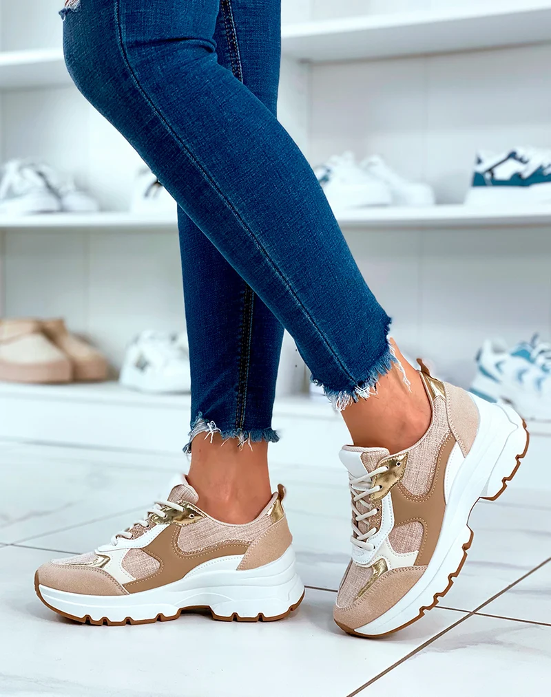 Baskets beige à lacets avec détails tissus et dorés