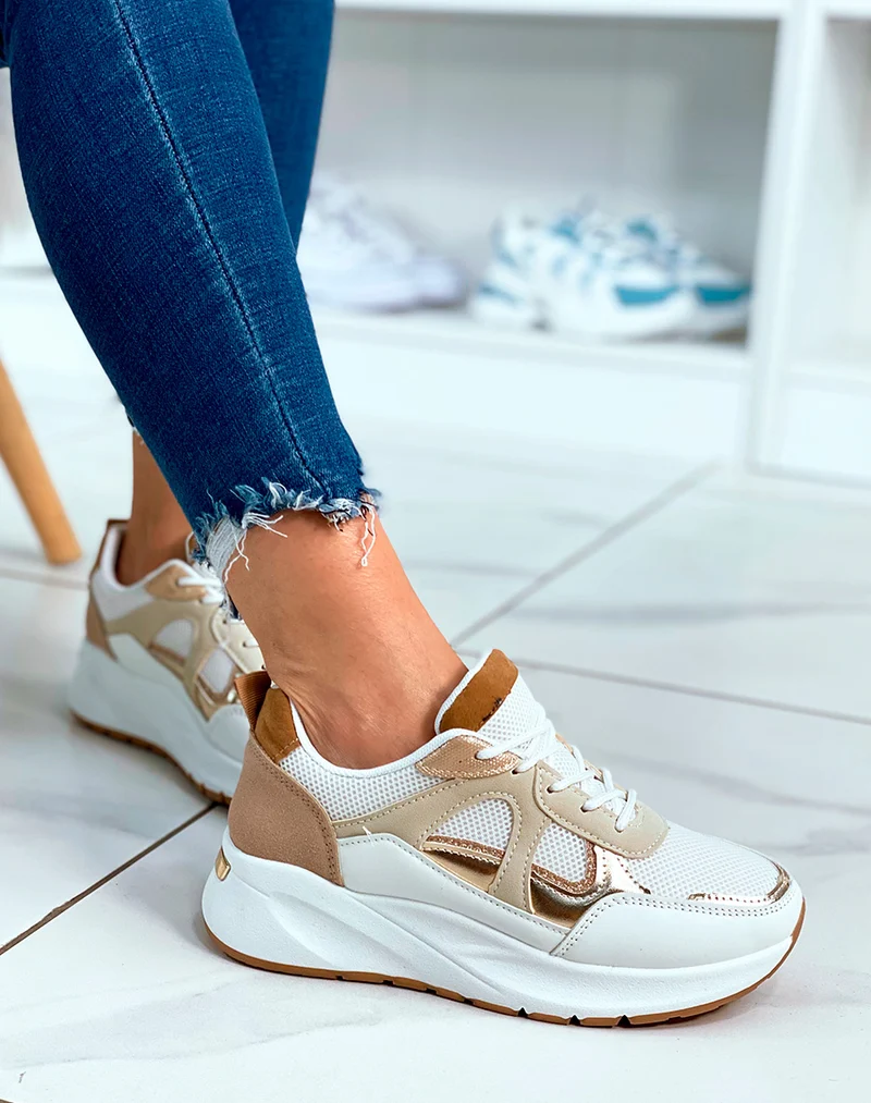 Baskets blanches à lacets avec détails paillettes et empiècements beige