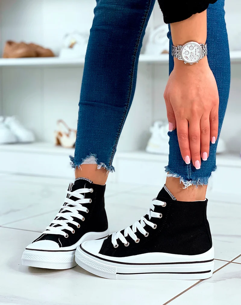 Baskets montantes noires à lacet avec plateforme pour femme