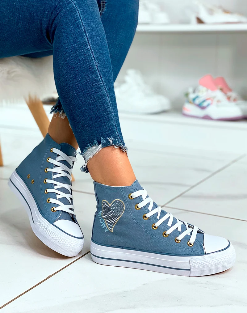 Baskets bleu jean montantes à lacets avec détail strass et inscription