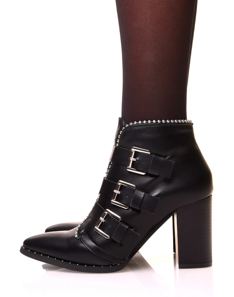 Bottines à talon noires à multiples sangles cloutées