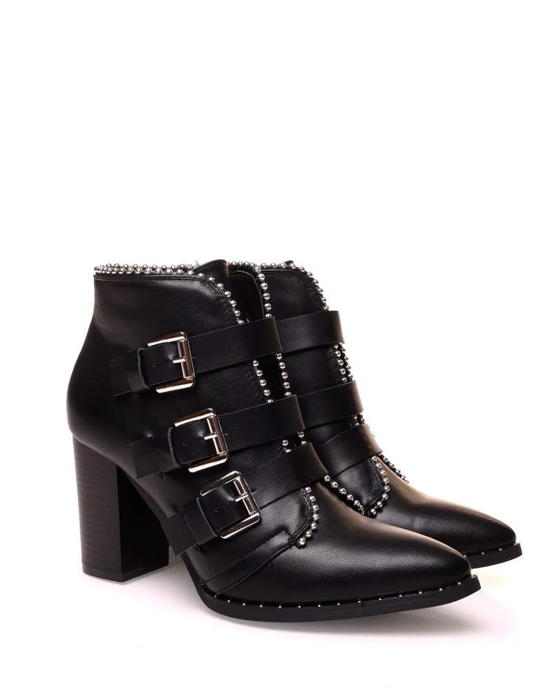 Bottines à talon noires à multiples sangles cloutées