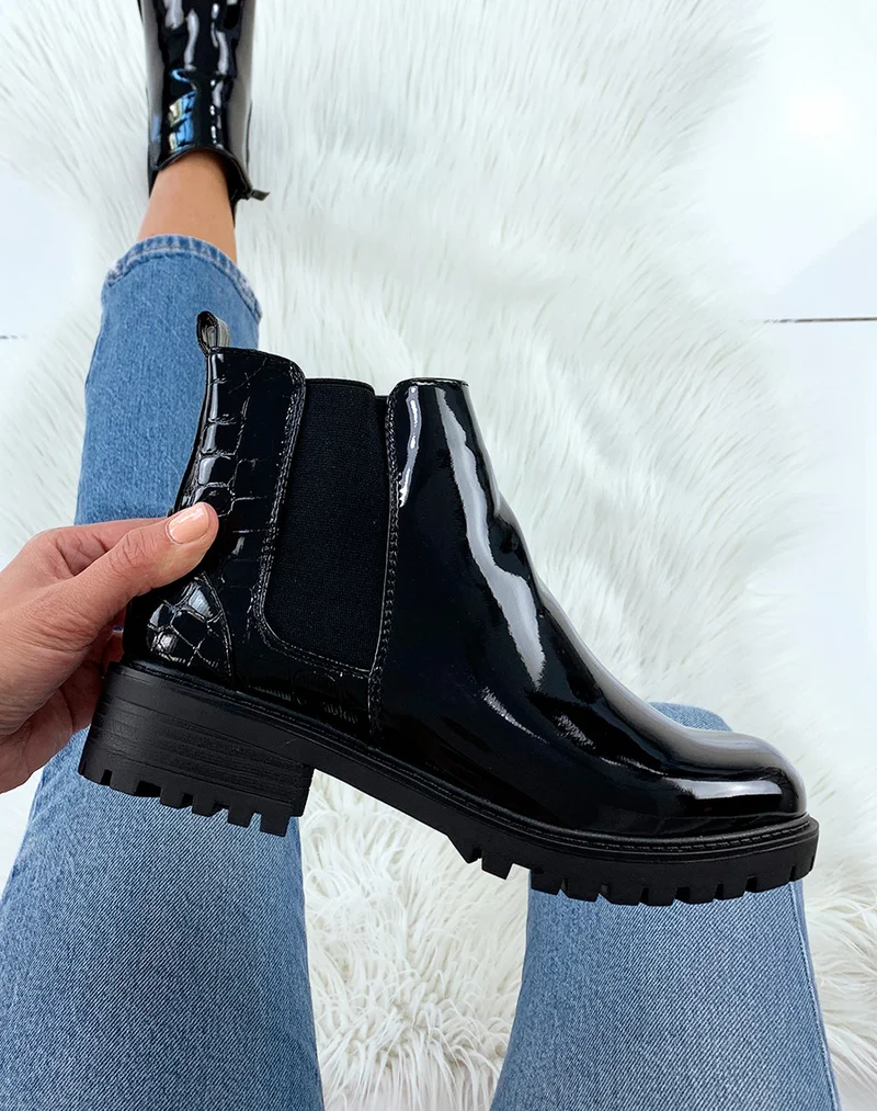 Chelsea boots noires bi-matières effet croco