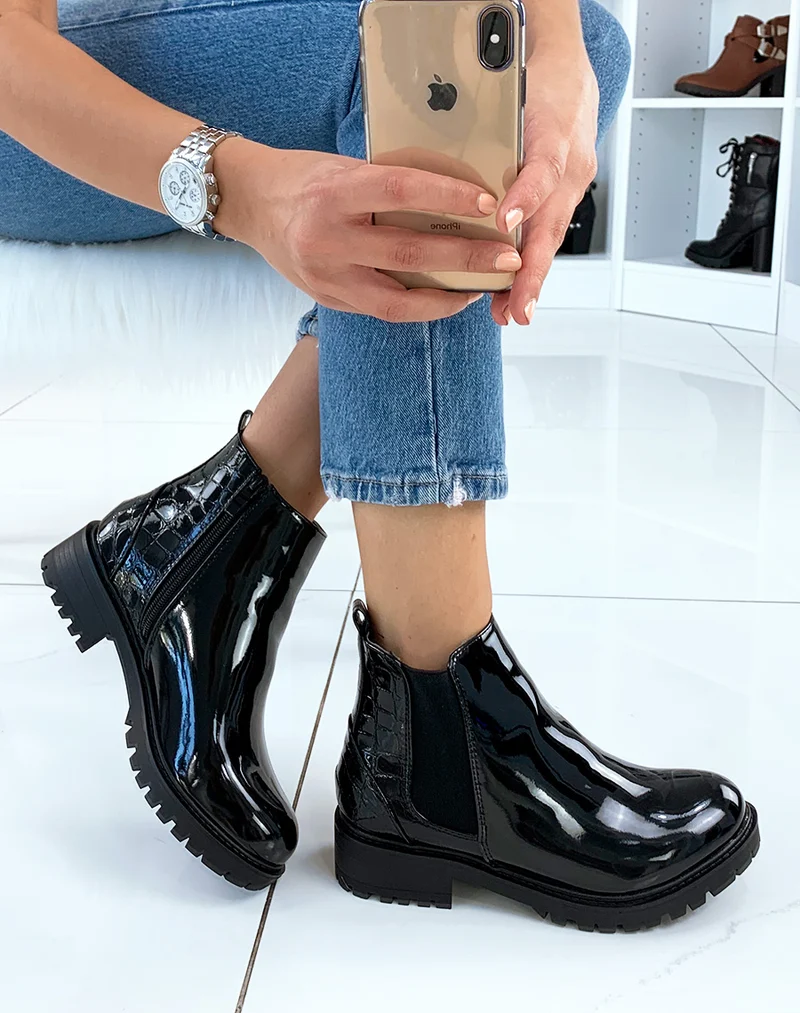 Chelsea boots noires bi-matières effet croco