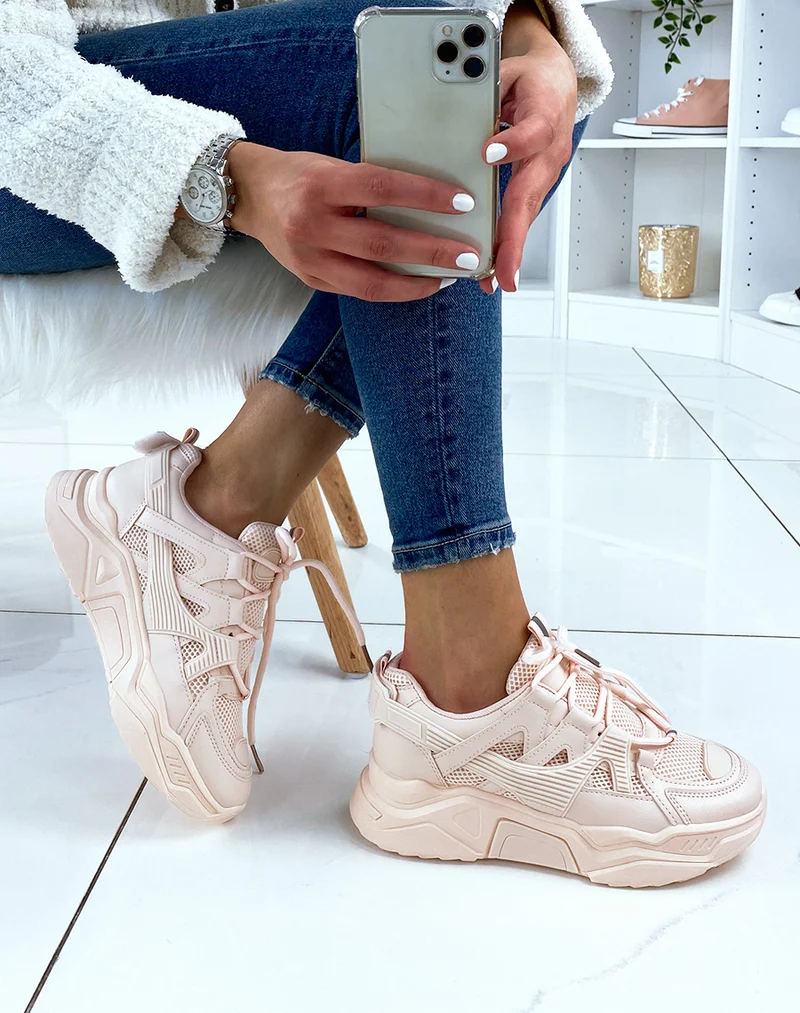Baskets rose poudré bi-matière à plateforme XXL