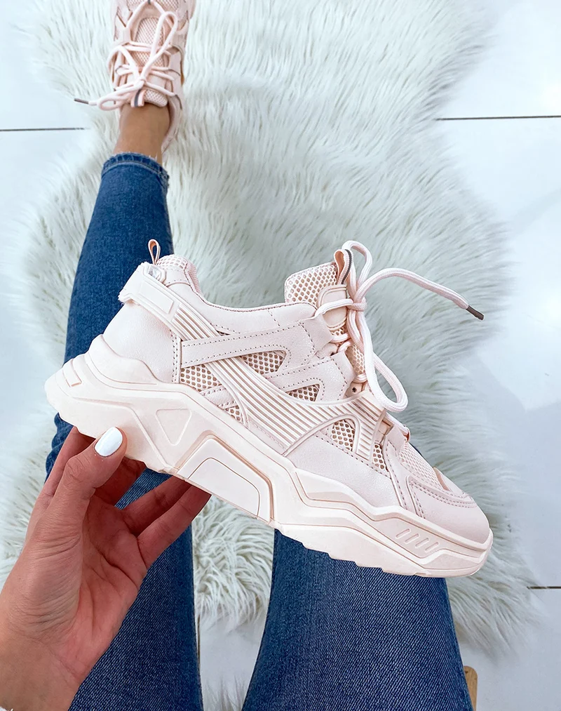 Baskets rose poudré bi-matière à plateforme XXL