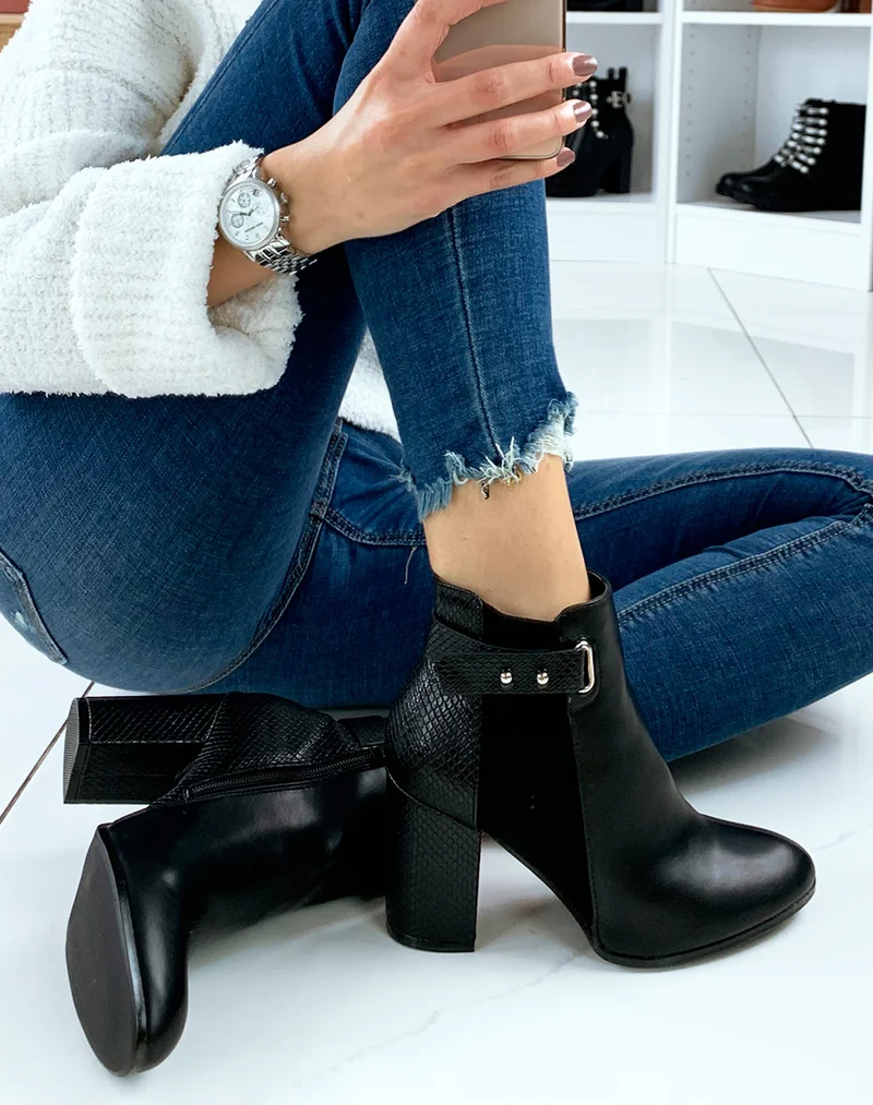 Bottines noires à talon bi-matières