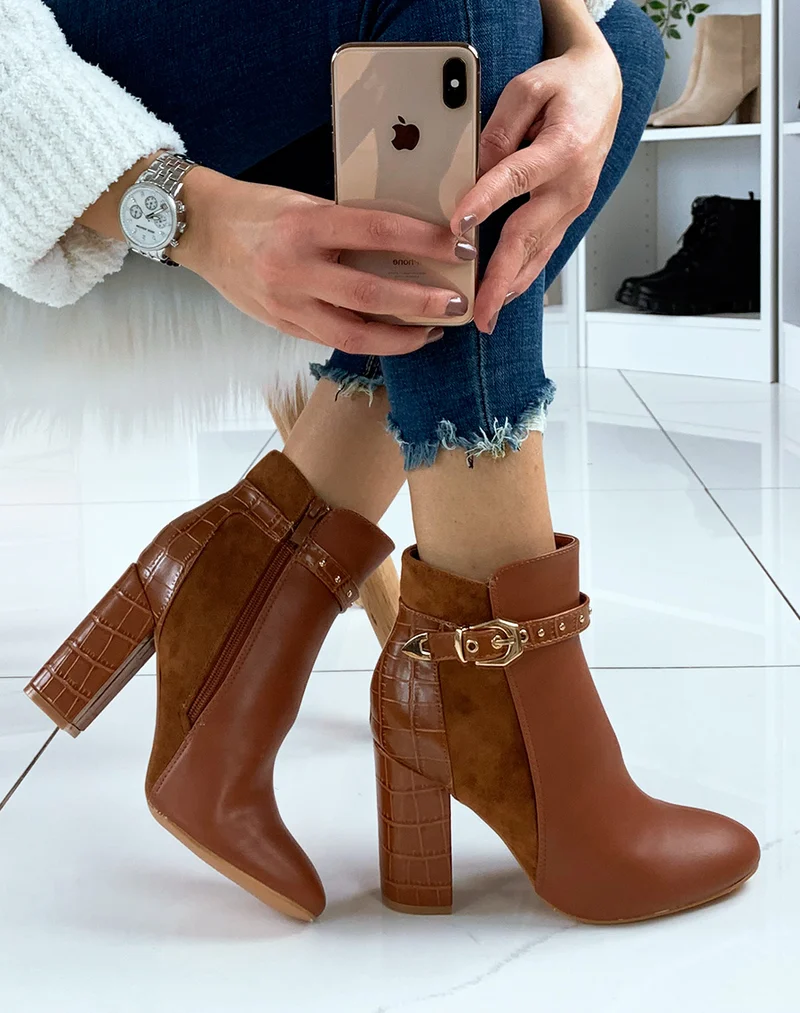 Bottines camel à talon triple matières