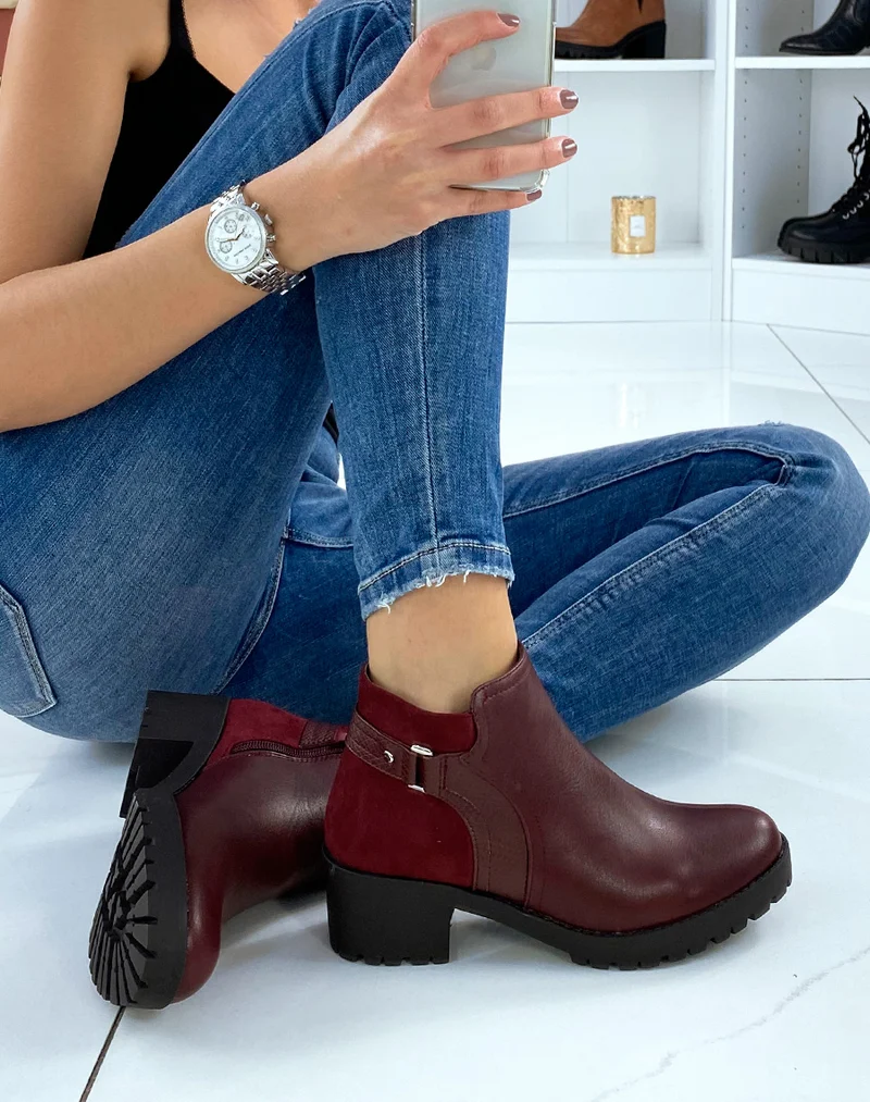 Bottines rouge bi-matière à talon