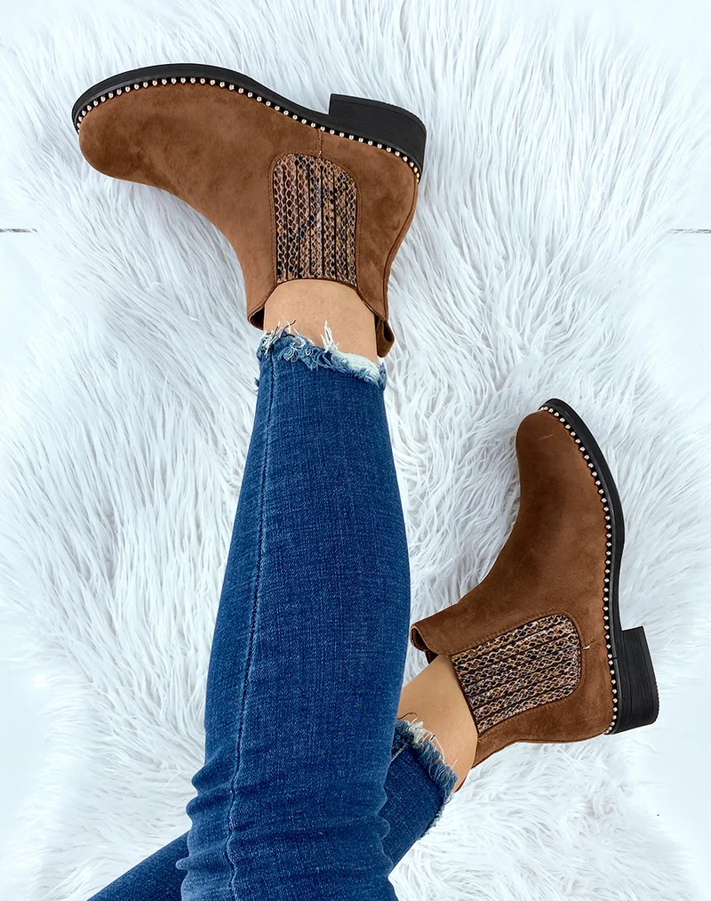 Chelsea boots en suédine camel ornées de perles dorées
