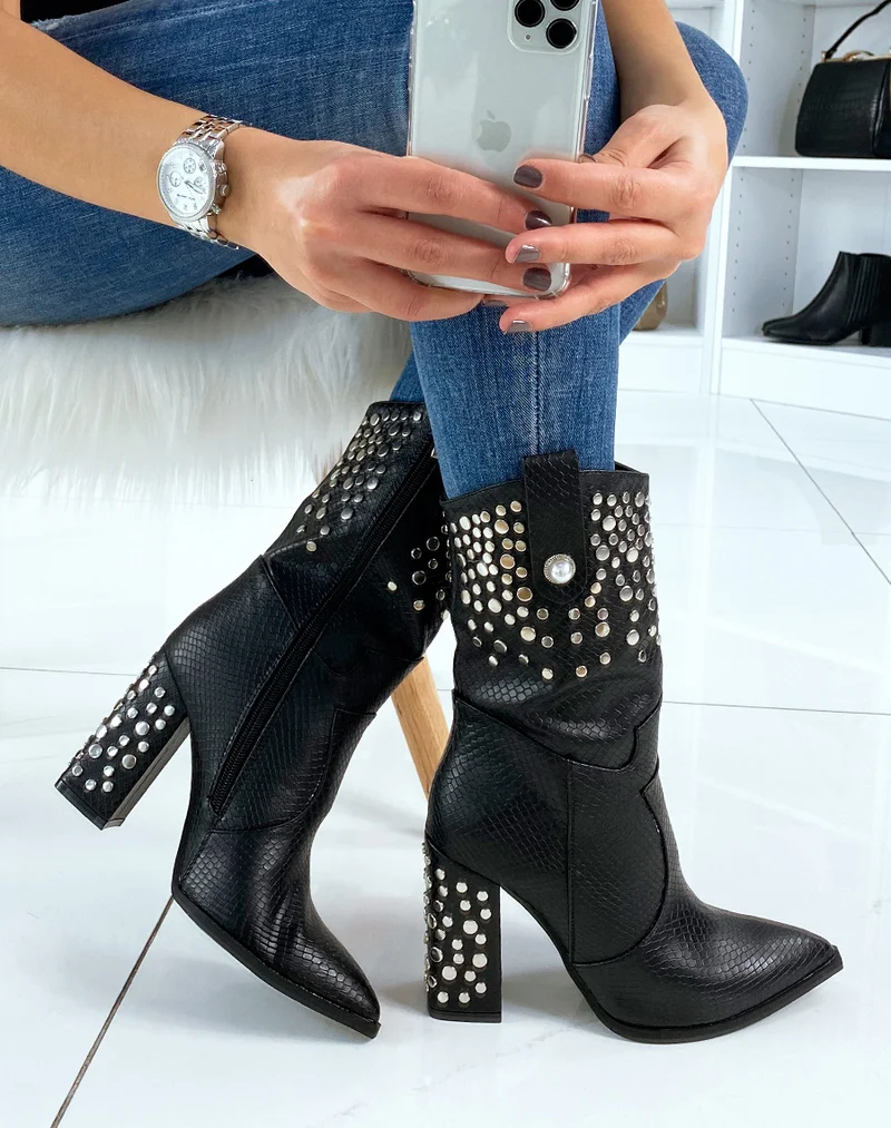 Bottines hautes effet croco noir à talon
