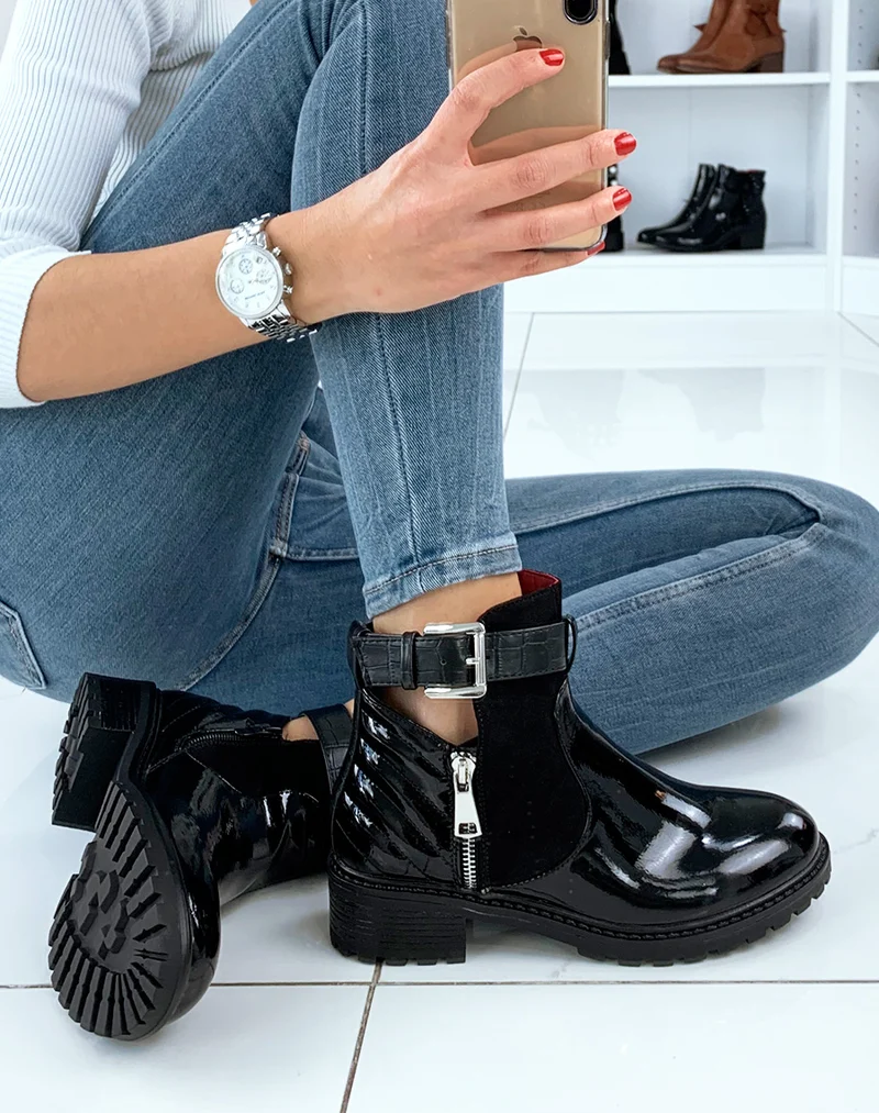 Bottines basses vernies zipées à lanières