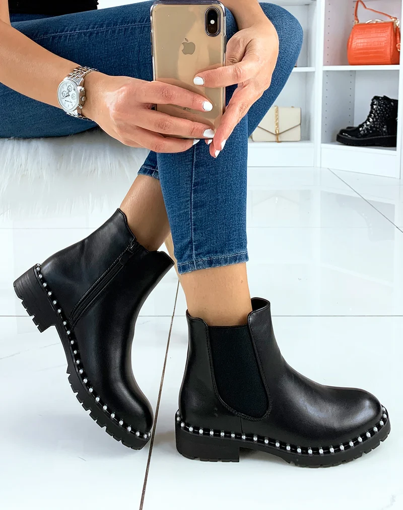 Chelsea boots noires à perles