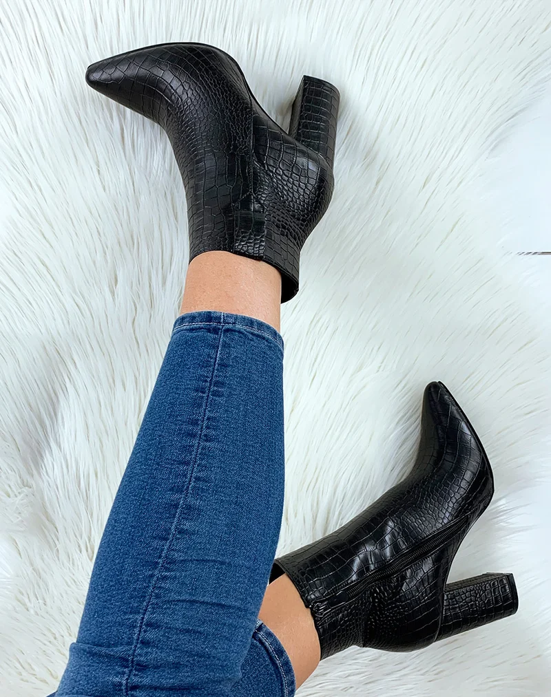 Bottines à talon effet croco noir à bout pointu