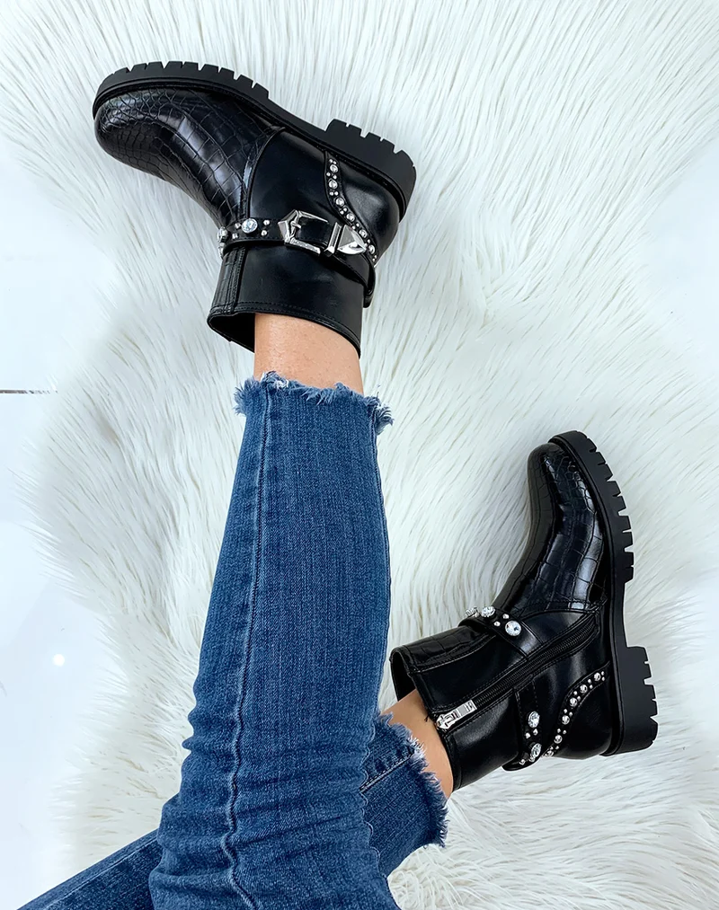 Bottines noires bi-matières ornées de clous