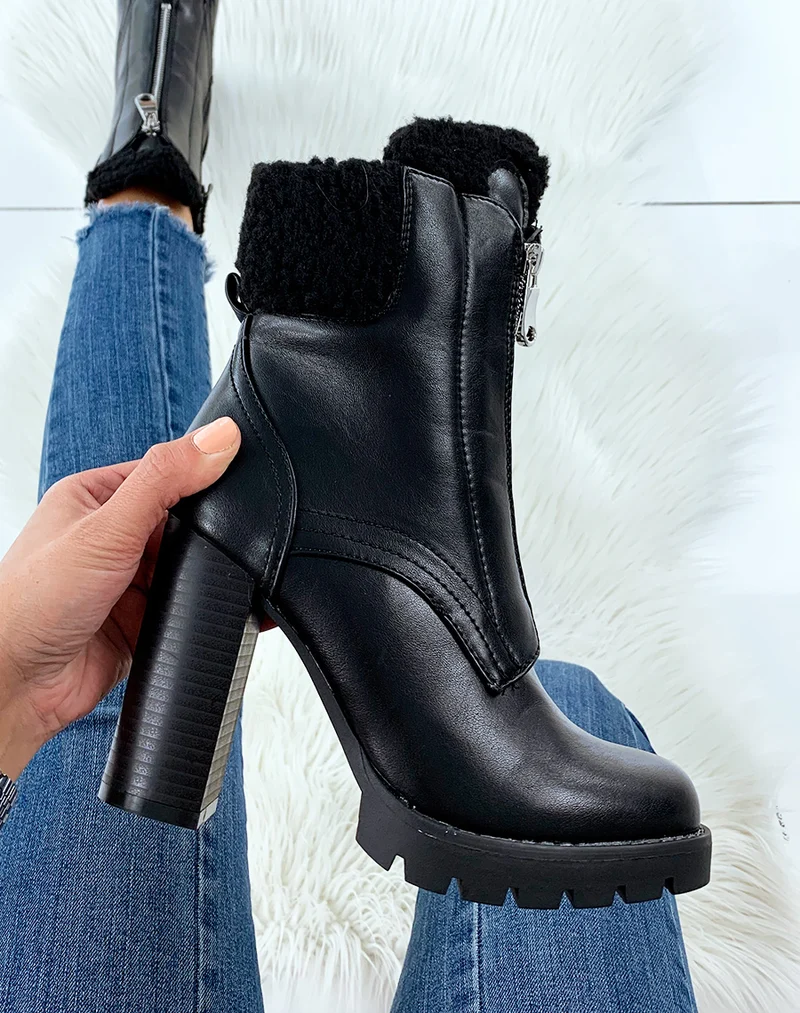 Bottines à talon noires fourrées