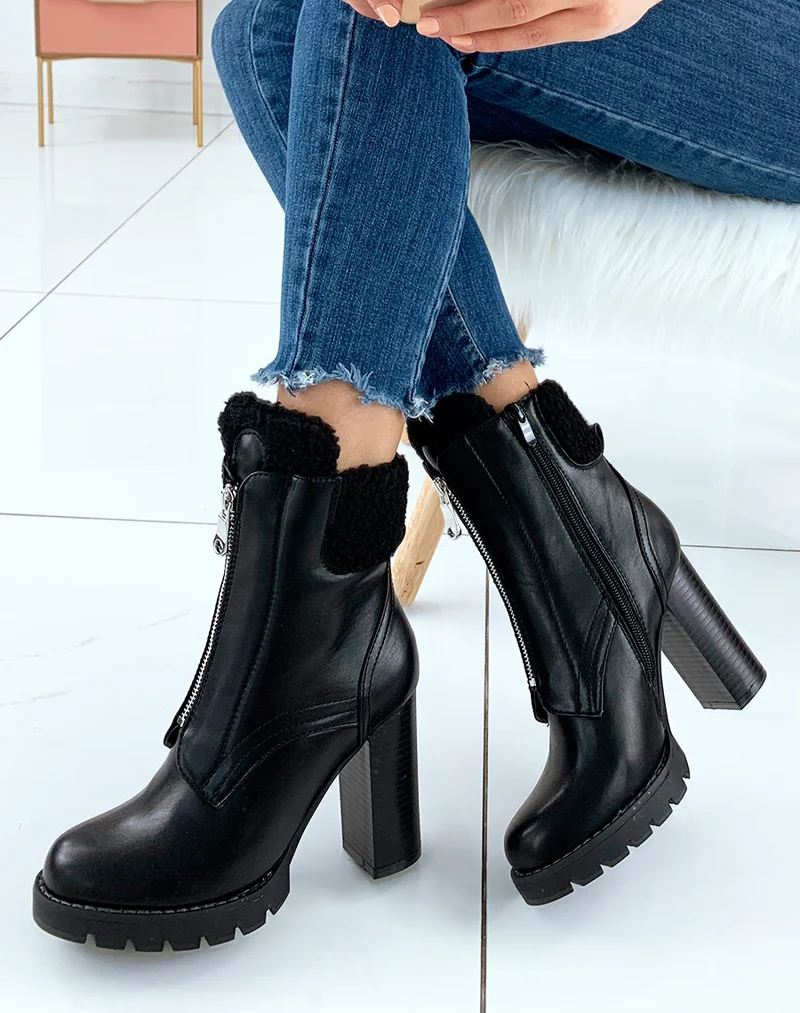 Bottines à talon noires fourrées