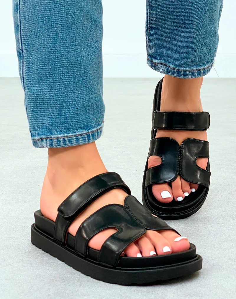 Mules Noires Modernes avec Bride en H et Fermeture Scratch ? Confort Urbain