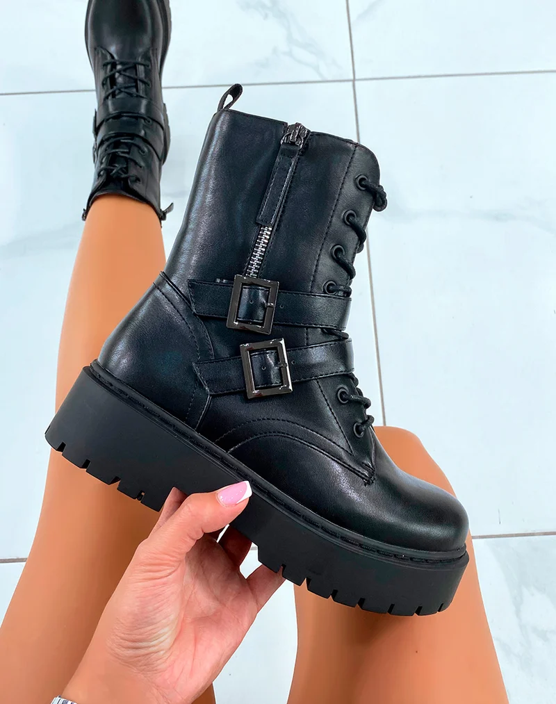 Bottines Femme Noires Montantes ? Lacet ? Double Lani?res