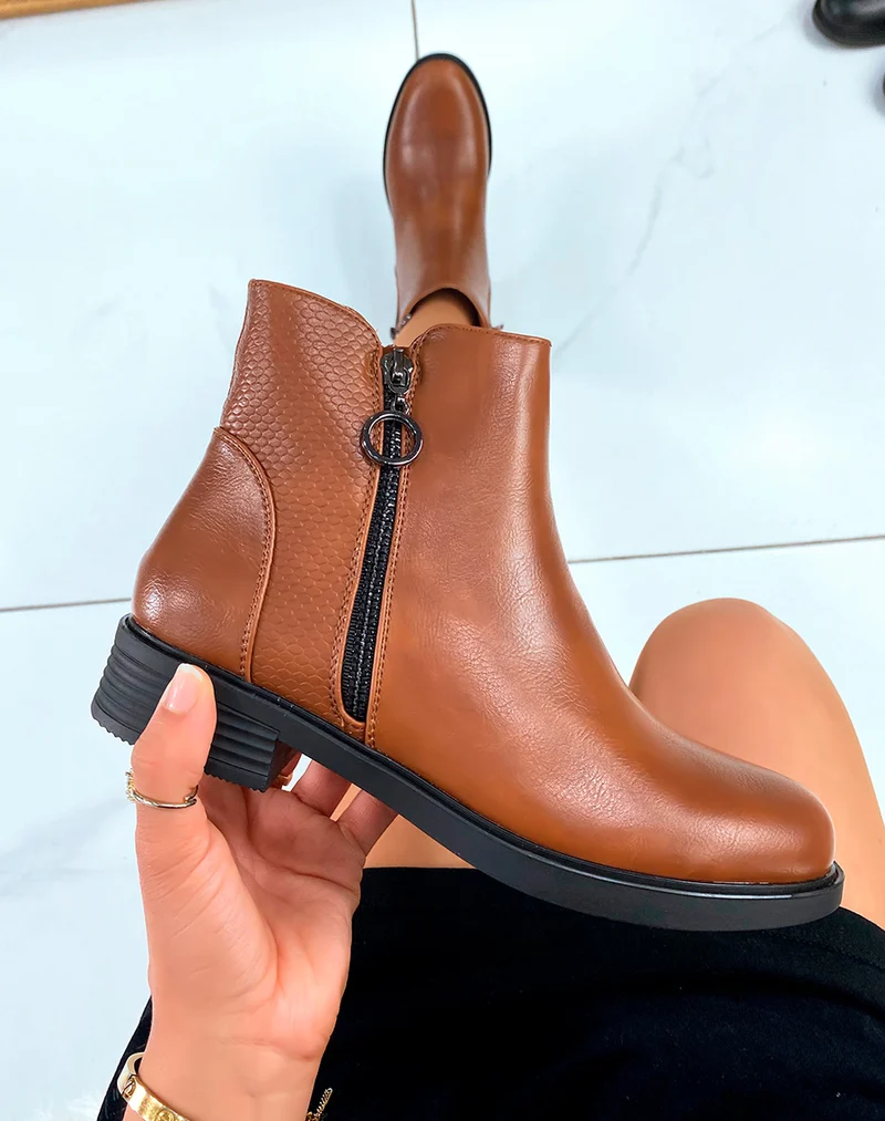 Bottines Camel Bi-Matière : Effet serpent pour femme