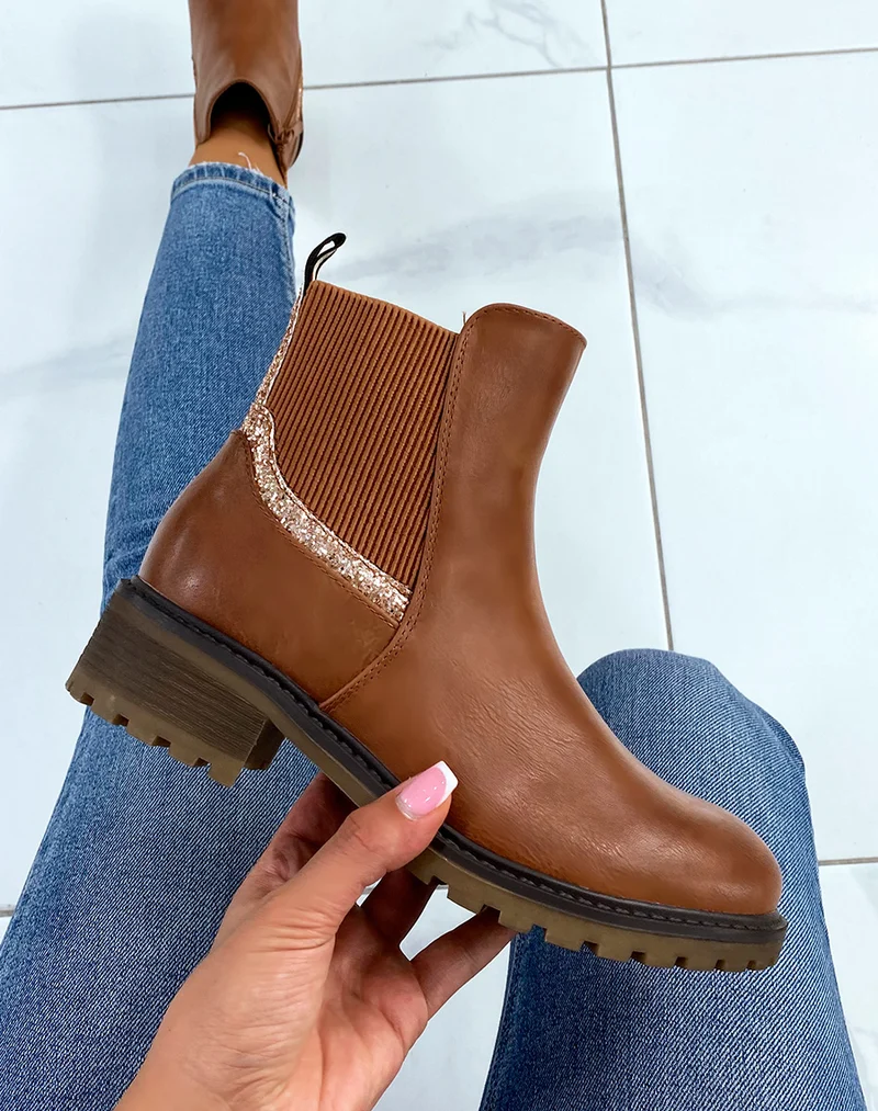 Bottines camel à élastique pailleté