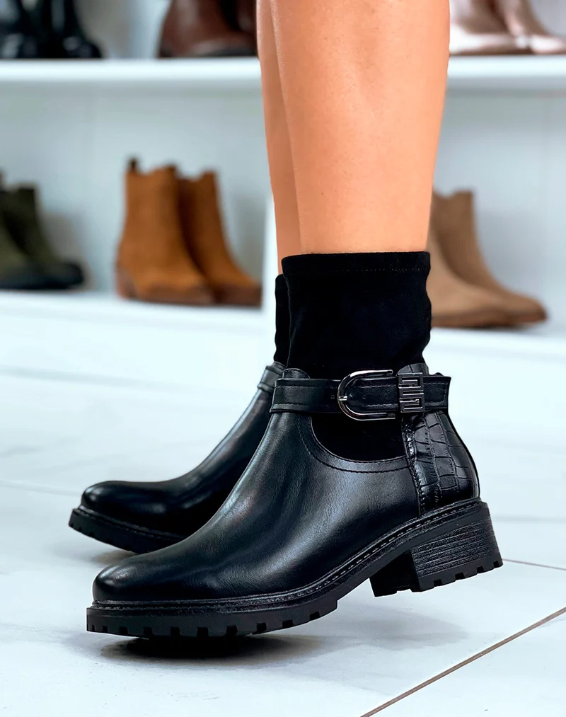 Bottines noires en multi-matière à détails argentés pour femmes