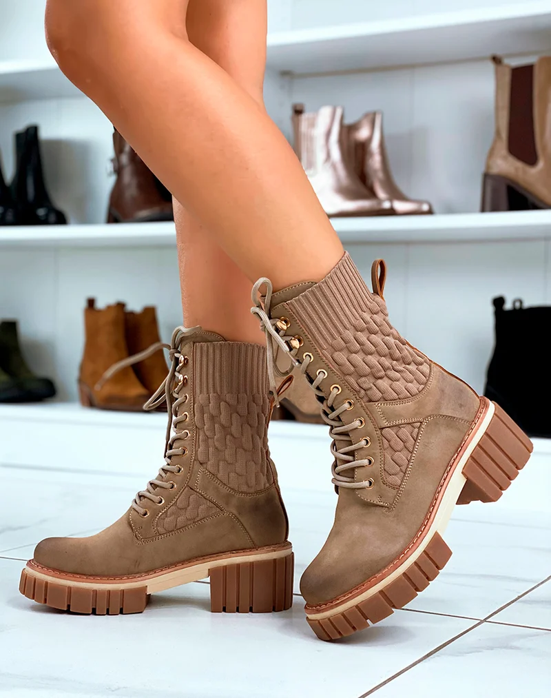 Bottines Marron Montantes à Lacets Effet Chaussette