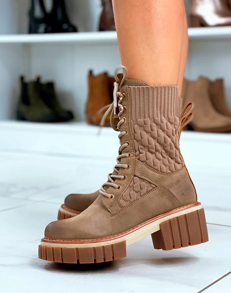 Bottines Marron Montantes à Lacets Effet Chaussette