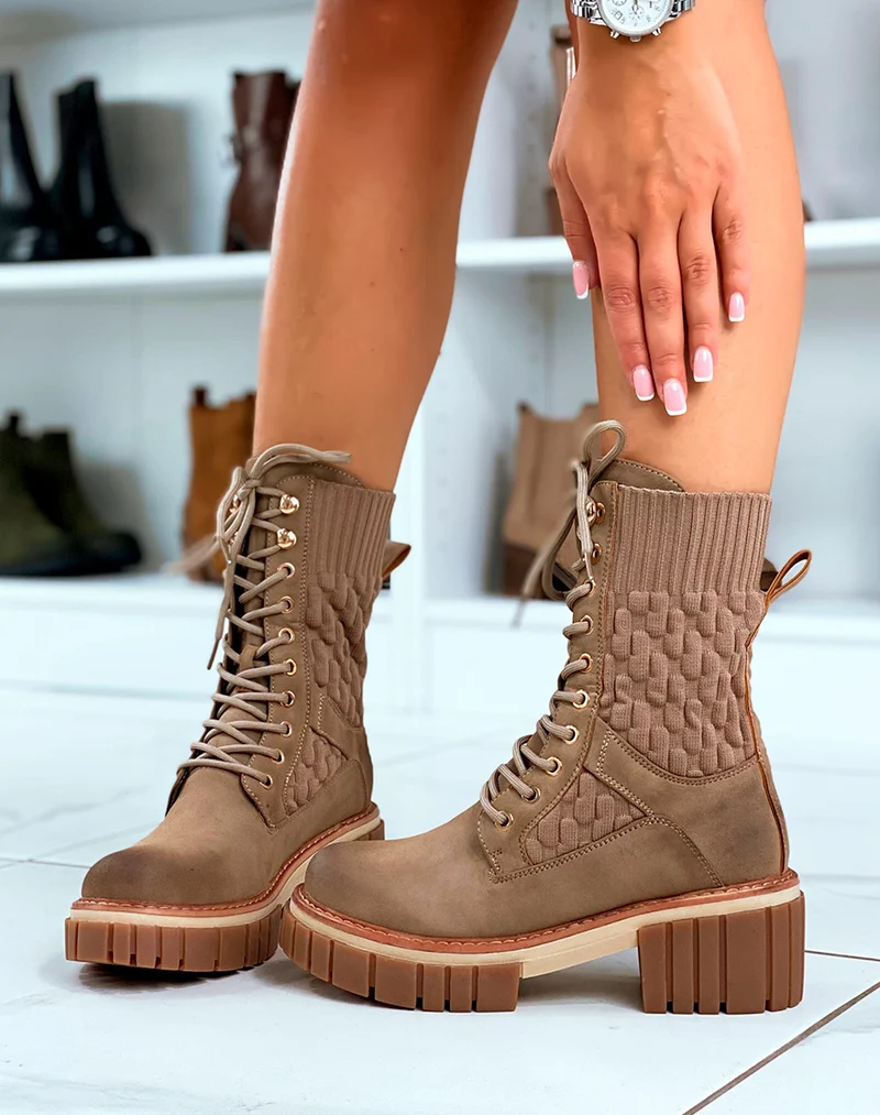 Bottines Marron Montantes à Lacets Effet Chaussette