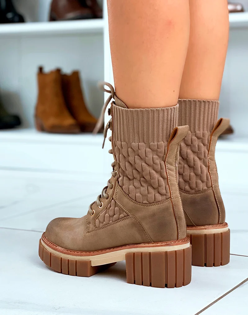 Bottines Marron Montantes à Lacets Effet Chaussette