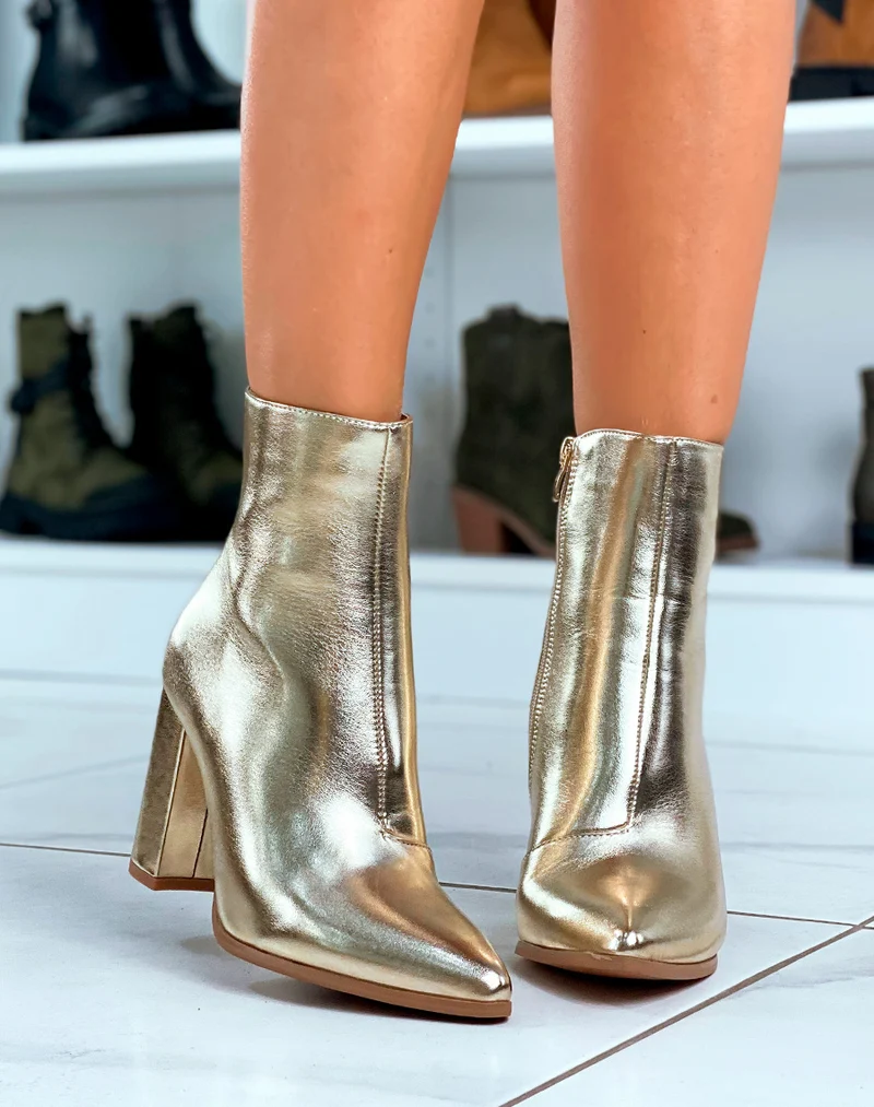 BOTTINES FEMME DORÉE À TALON À BOUT POINTU
