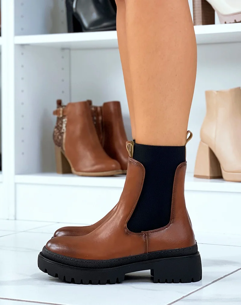 Bottines camel foncé style chelsea à élastique montant