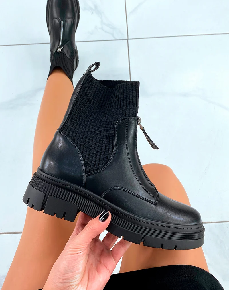 BOTTINES NOIRES MONTANTES EFFET CHAUSSETTES AVEC ZIP POUR FEMME