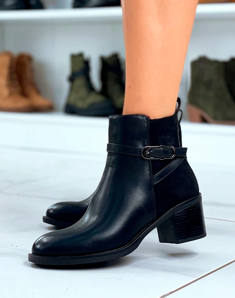 BOTTINES NOIRES BI-MATIÈRE AVEC SANGLE ARGENTÉE