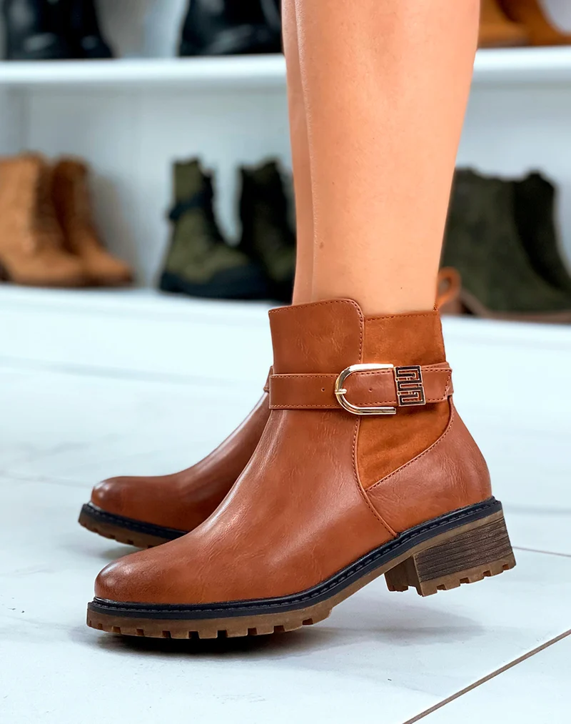Bottines camel bi-matière avec une touche de doré