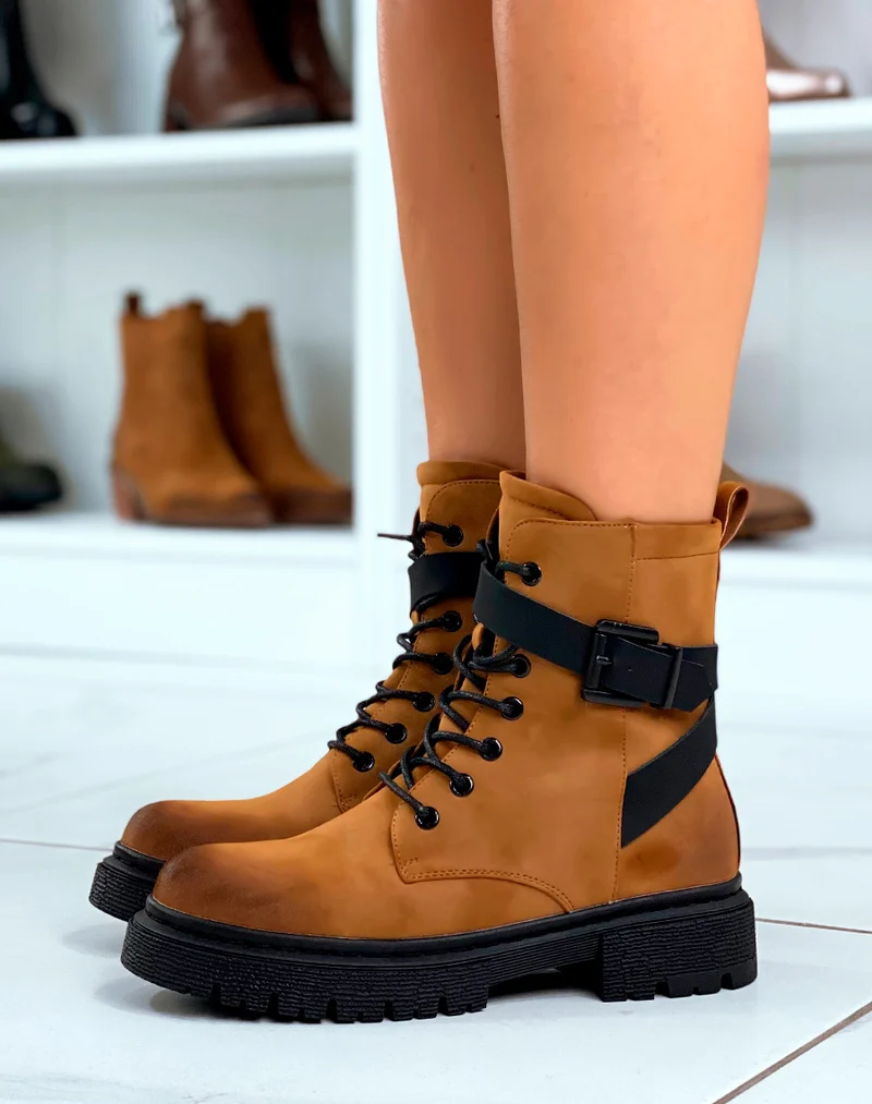 Bottines Camel à Lacet avec Brides Ajustables pour Femmes