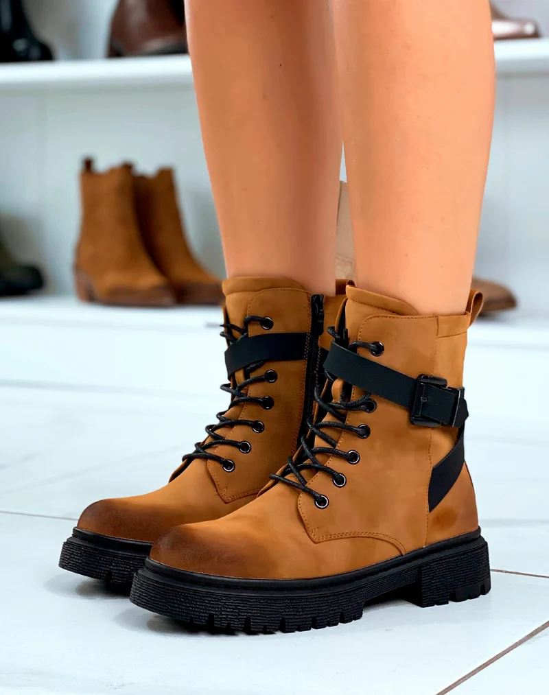 Bottines Camel à Lacet avec Brides Ajustables pour Femmes